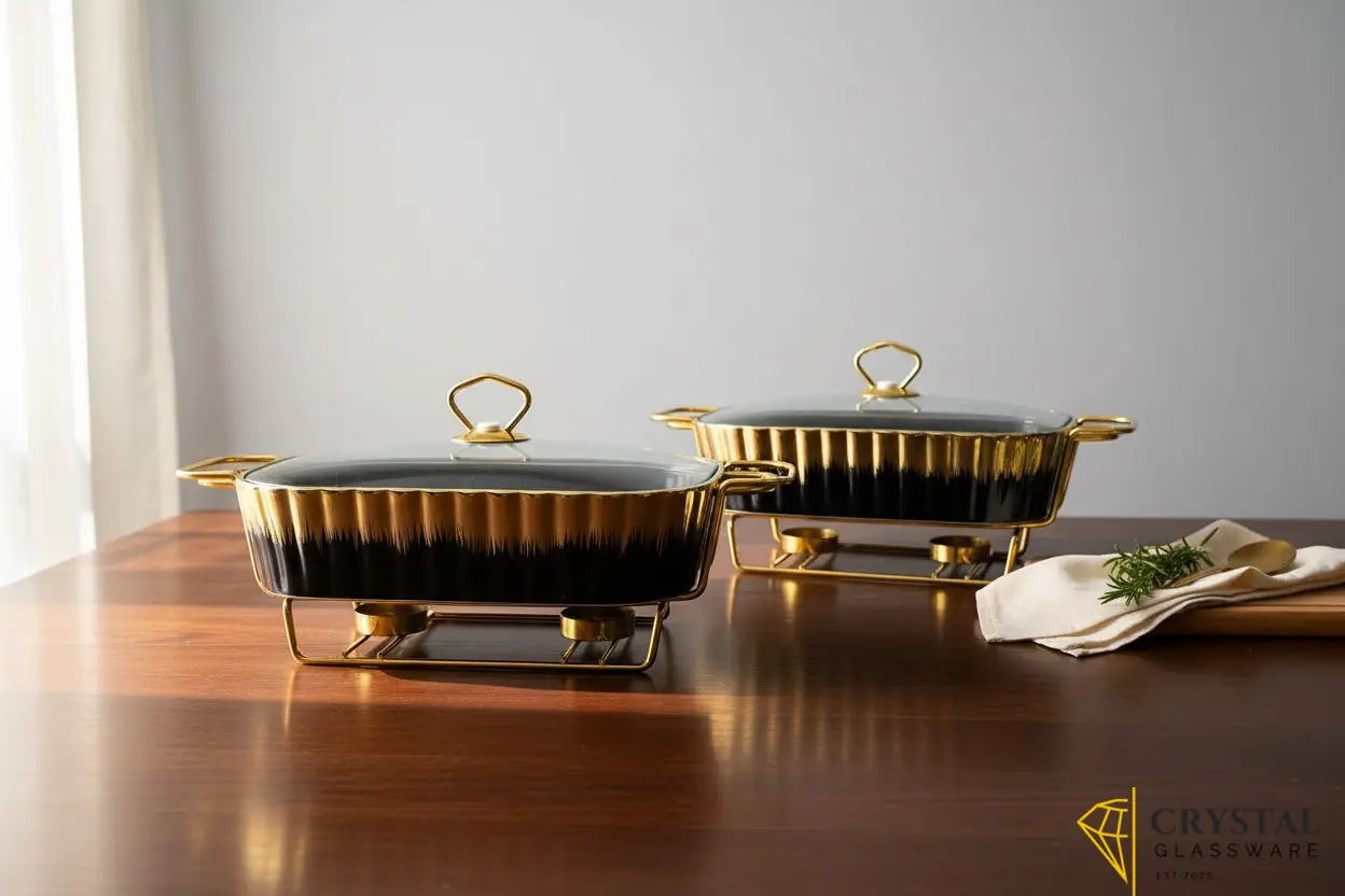 Fancy buffet sets with golden burner stands  — Crystal Glassware Pakistan